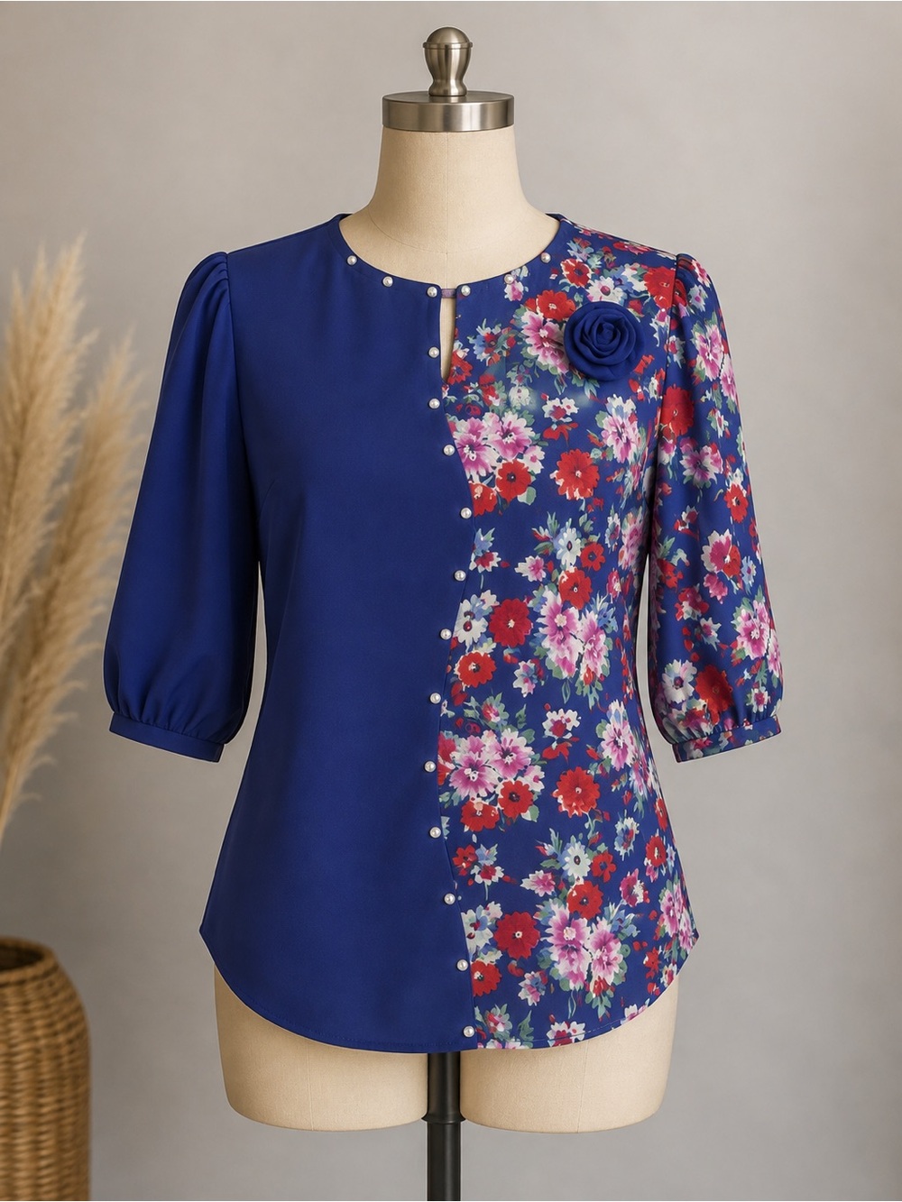 Navy Floral-Panel Blouse with Pearl Trim and Rosette